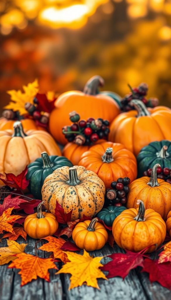 A beautifully arranged still life featuring an assortment of pumpkins in warm autumn colors—rich oranges, deep greens, and muted yellows—set on a rustic wooden table. In the foreground, miniature pumpkins and vibrant red and yellow leaves create a cozy atmosphere. In the middle, larger pumpkins of various shapes are surrounded by acorns and clusters of dark red berries, enhancing the natural theme. The background is softly blurred, showcasing a gently fading golden sunset that casts a warm glow over the scene. Ideal for a Pinterest-inspired DIY aesthetic, capture this authentic, inspiring mood for "KlickKiste" with soft, natural lighting and a low angle that draws the viewer in, celebrating the beauty of nature's decor.