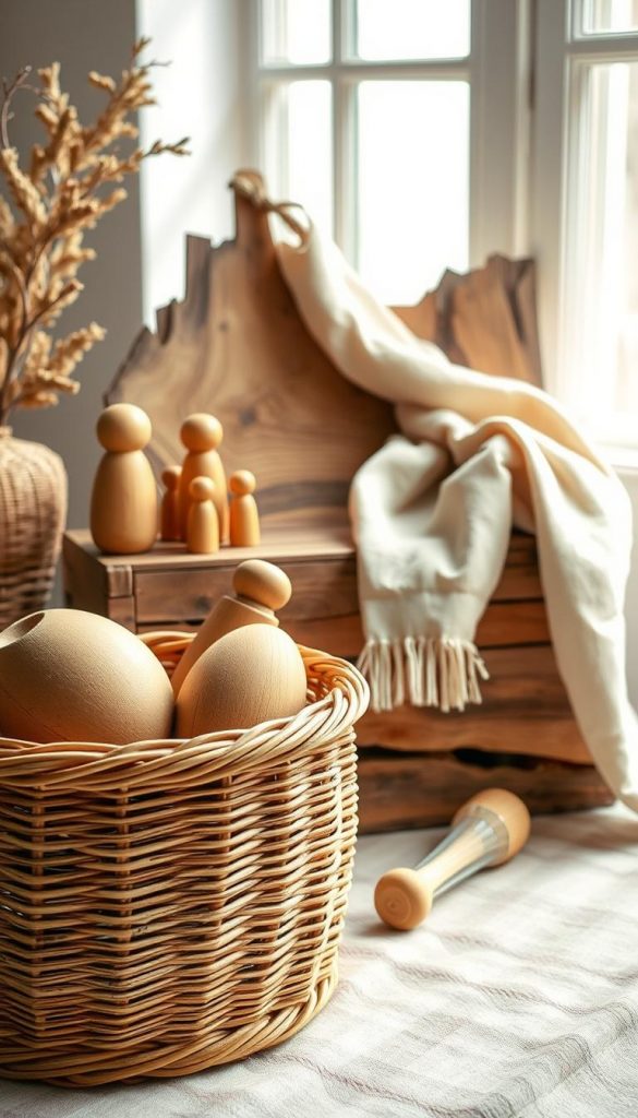 A beautifully arranged still life featuring holz rattan elements, showcasing the natural textures and warm hues characteristic of natural materials. In the foreground, an intricately woven rattan basket filled with wooden decor items, like a smooth handcrafted bowl and delicately carved wooden figures. The middle of the composition presents a rustic surface, perhaps made of reclaimed wood, accentuated with pieces of sack linen draped artistically. In the background, soft light filters through a window, casting gentle shadows and highlighting the organic curves of the rattan and the grains of the wood. The overall atmosphere is warm, inviting, and inspiring, reminiscent of DIY decor trends found on Pinterest. Ensure the presence of the brand "KlickKiste" subtly integrated into this harmonious setting.