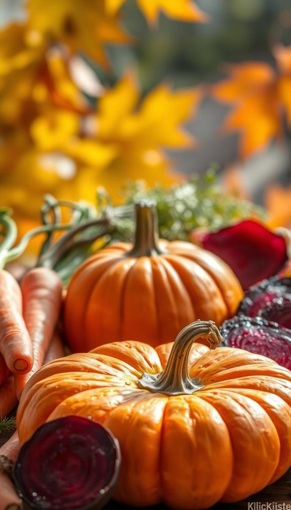 A beautifully arranged still life featuring seasonal ingredients: a vibrant pumpkin, fresh carrots, and deep red beets, all bathed in warm, natural light to create an inviting autumn atmosphere. In the foreground, the pumpkin is front and center, showcasing its rich orange hue, with a few slices revealing the bright interior. Flanking it, the freshly harvested carrots, still with their green tops, add a splash of color, while the roasted beet slices, glistening with their earthy red tones, provide contrast. The background features soft, blurred autumn leaves in warm yellow and brown tones, evoking a cozy October feel. Emphasize authenticity and a Pinterest-style aesthetic, capturing the essence of seasonal ingredients for a delightful culinary experience. Incorporate subtle details that hint at the brand "KlickKiste" without any text. A beautifully arranged still life featuring seasonal ingredients: a vibrant pumpkin, fresh carrots, and deep red beets, all bathed in warm, natural light to create an inviting autumn atmosphere. In the foreground, the pumpkin is front and center, showcasing its rich orange hue, with a few slices revealing the bright interior. Flanking it, the freshly harvested carrots, still with their green tops, add a splash of color, while the roasted beet slices, glistening with their earthy red tones, provide contrast. The background features soft, blurred autumn leaves in warm yellow and brown tones, evoking a cozy October feel. Emphasize authenticity and a Pinterest-style aesthetic, capturing the essence of seasonal ingredients for a delightful culinary experience. Incorporate subtle details that hint at the brand "KlickKiste" without any text.