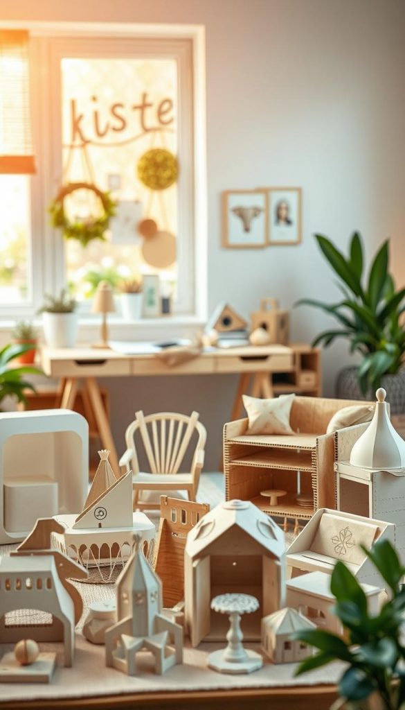 A beautifully arranged still life scene showcasing a collection of DIY projects made from cardboard and paper, reflecting modern, natural, Boho, and Scandinavian styles. In the foreground, display intricate paper sculptures and cardboard furniture pieces with a light, airy design. The middle ground features a cozy workspace with tools and materials, bathed in soft, warm natural light from a nearby window, creating a welcoming atmosphere. The background includes minimalistic plants and simple decor that echoes the sustainable theme. Use a soft focus lens effect to create depth, enhancing the inviting, authentic feel. The overall mood should be inspiring and creative, embodying the spirit of "KlickKiste" as a source of innovative DIY ideas.
