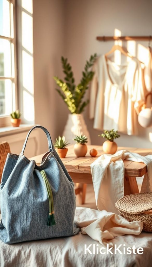 A beautifully arranged still life scene showcasing various upcycled clothing items in a cozy, modern setting. In the foreground, a handcrafted Boho-style bag made from repurposed denim, alongside a light, flowy Scandinavian-inspired top in soft pastel colors. In the middle, a rustic wooden table adorned with natural elements like small potted plants and linen fabric draped casually. The background features a softly lit window that allows warm, natural light to filter in, creating a serene atmosphere. The overall color palette is warm and inviting, embodying a Pinterest-worthy aesthetic. Capture an authentic and inspiring mood, reflecting the essence of DIY creativity. Brand name "KlickKiste" subtly integrated into the scene without any text or overlays.