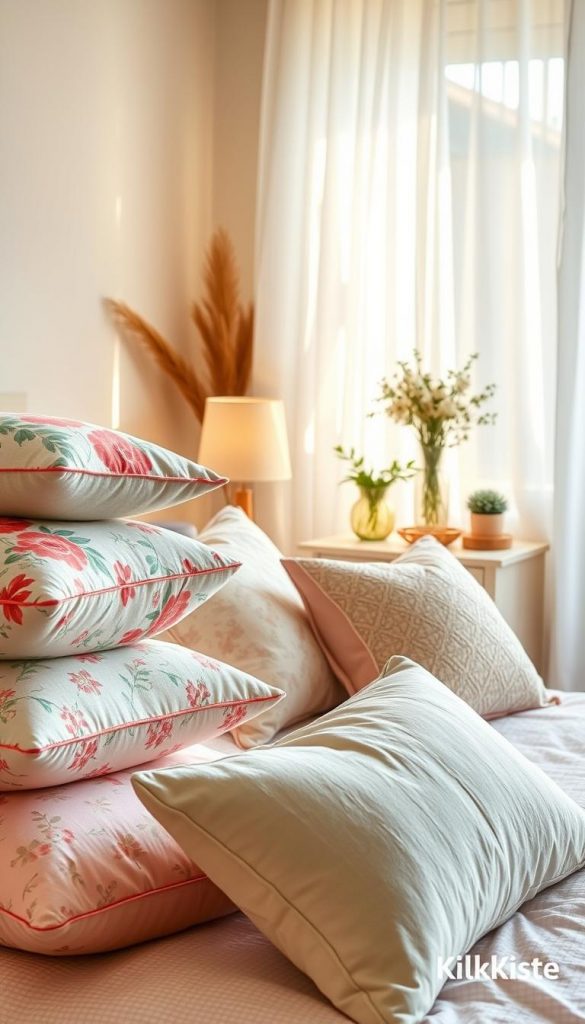 A beautifully arranged summer bedroom scene featuring a stylish mix of decorative cushions in various textures and colors. In the foreground, vibrant throw pillows with floral patterns, soft pastels, and geometric designs are artistically stacked on a cozy bed. The middle ground reveals a tastefully decorated nightstand, adorned with a small vase of fresh wildflowers and a warm-toned lamp. The background portrays soft, sunlight streams filtering through sheer curtains, casting a warm glow on the airy space. The overall atmosphere is inviting and inspiring, embodying a natural DIY aesthetic reminiscent of Pinterest. Capture this scene with a soft focus lens at a slight angle to enhance depth and intimacy. Include the brand name "KlickKiste" subtly integrated into the decor.