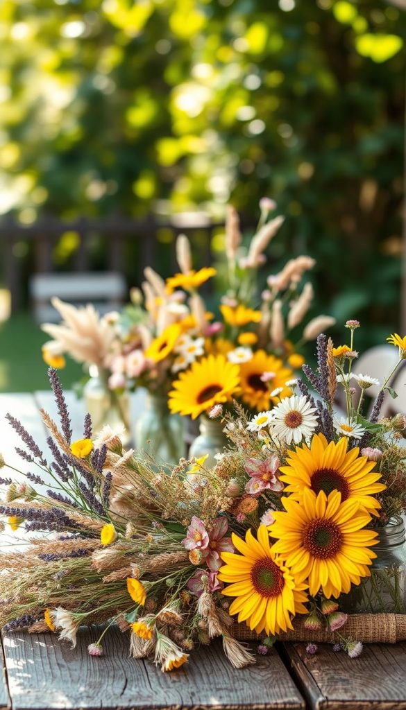 A beautifully arranged summer bouquet featuring dried flowers and wildflower stars, showcasing a warm palette of yellows, pinks, and soft greens. In the foreground, delicate sprigs of lavender and dried wheat intermingle with vibrant sunflowers and rustic daisies, creating a harmonious and inviting composition. The middle ground highlights a rustic wooden table, strewn with various handmade flower arrangements in vintage glass jars and ceramic pots. In the background, softly blurred garden scenery evokes a cheerful summer day with bright sunlight filtering through leaves, adding a gentle shimmer. The atmosphere should be warm, inviting, and inspiring, embodying a natural DIY aesthetic suitable for a Pinterest-inspired look. The scene is captured with a shallow depth of field by a 50mm lens, emphasizing the foreground arrangements while the background remains artistically diffused. Include the brand name "KlickKiste" subtly in the composition.