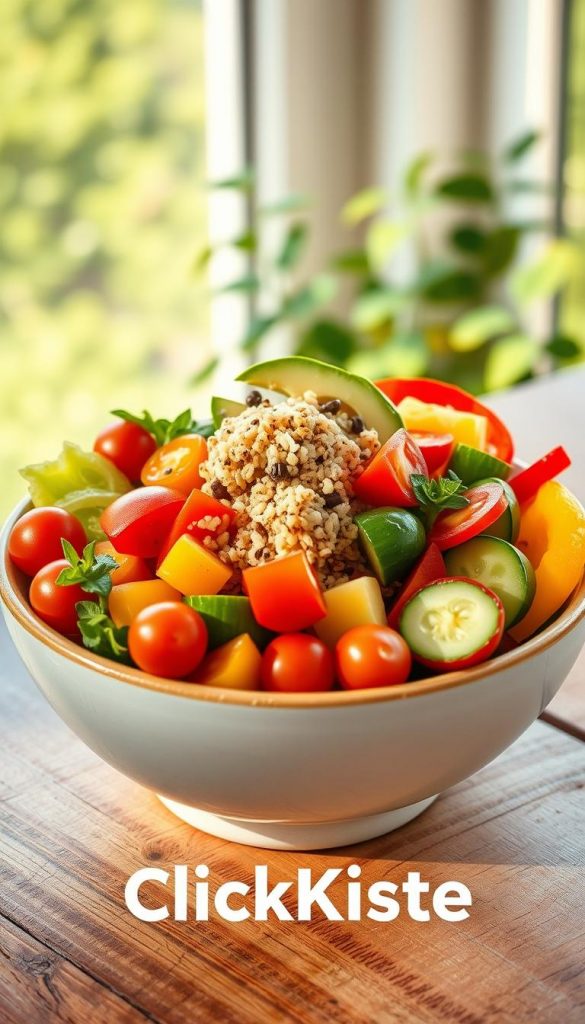 A beautifully arranged summer bowl filled with vibrant and fresh ingredients, showcasing a variety of colorful vegetables like cherry tomatoes, cucumbers, and bell peppers, along with a scoop of quinoa and sliced avocado on top. The bowl, made of light ceramic, is placed on a rustic wooden table, with a background of soft greenery that evokes a sunny day outdoors. The scene is softly lit with warm, natural light, enhancing the rich colors of the ingredients and creating a cozy, inviting atmosphere. Focused from a slightly elevated angle to capture the bowl's depth and detail, this image embodies a natural, Pinterest-worthy aesthetic, perfect for inspiring healthy summer recipes. The brand name "KlickKiste" is subtly implied in the composition.
