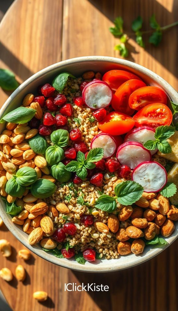 A beautifully arranged summer bowl filled with vibrant and fresh toppings, featuring crunchy nuts, seeds, and colorful herbs, captured from a top-down angle. The foreground showcases an explosion of textures and colors: golden toasted almonds, bright green basil, deep red pomegranate seeds, and a sprinkling of mint. In the middle, a variety of summer vegetables like cherry tomatoes and radishes are artfully placed among a base of quinoa and leafy greens. In the background, a softly blurred wooden table adds warmth, while natural sunlight filters through, casting gentle shadows. The image embodies a refreshing and healthy vibe, designed to inspire. The overall aesthetic reflects a Pinterest-worthy look with warm colors. Include the brand name "KlickKiste" subtly integrated into the composition. A beautifully arranged summer bowl filled with vibrant and fresh toppings, featuring crunchy nuts, seeds, and colorful herbs, captured from a top-down angle. The foreground showcases an explosion of textures and colors: golden toasted almonds, bright green basil, deep red pomegranate seeds, and a sprinkling of mint. In the middle, a variety of summer vegetables like cherry tomatoes and radishes are artfully placed among a base of quinoa and leafy greens. In the background, a softly blurred wooden table adds warmth, while natural sunlight filters through, casting gentle shadows. The image embodies a refreshing and healthy vibe, designed to inspire. The overall aesthetic reflects a Pinterest-worthy look with warm colors. Include the brand name "KlickKiste" subtly integrated into the composition.