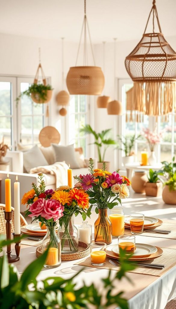 A beautifully arranged summer decor scene featuring 16 inspiring DIY ideas for a light and airy home, designed by KlickKiste. In the foreground, a stylishly set table adorned with candles, vibrant flowers in glass vases, and tasteful tableware in warm colors. The middle ground showcases various summer decorative elements such as macramé hangings, woven baskets, and potted plants that create a cozy yet modern atmosphere. In the background, large windows allow natural sunlight to pour into a light-filled living space, enhancing the warm tones and inviting ambiance. The scene captures a serene, welcoming mood, perfect for summer, with soft shadows and highlights from the sunlight. Use a soft focus lens to add a dreamy quality. A beautifully arranged summer decor scene featuring 16 inspiring DIY ideas for a light and airy home, designed by KlickKiste. In the foreground, a stylishly set table adorned with candles, vibrant flowers in glass vases, and tasteful tableware in warm colors. The middle ground showcases various summer decorative elements such as macramé hangings, woven baskets, and potted plants that create a cozy yet modern atmosphere. In the background, large windows allow natural sunlight to pour into a light-filled living space, enhancing the warm tones and inviting ambiance. The scene captures a serene, welcoming mood, perfect for summer, with soft shadows and highlights from the sunlight. Use a soft focus lens to add a dreamy quality.