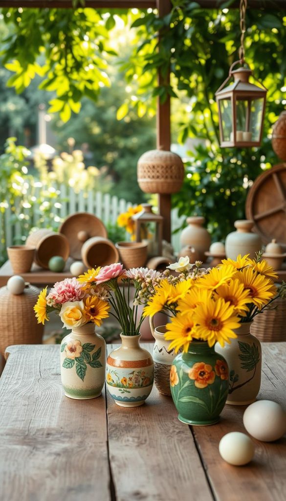 A beautifully arranged summer decoration scene showcasing a harmonious "proportionen stil mix." In the foreground, feature a rustic wooden table adorned with vibrant, hand-painted ceramic vases filled with seasonal flowers, displaying warm, inviting colors like soft yellows, pastel pinks, and deep greens. The middle area presents eclectic décor items, such as woven baskets and artistic lanterns, blending various styles for a cozy, authentic Pinterest-like aesthetic. In the background, include a serene garden view with gentle sunlight filtering through lush leaves, creating a warm and inviting atmosphere. Use soft, natural lighting to highlight textures and colors, capturing an inspiring DIY vibe. The mood is tranquil and enchanting, promoting creativity while adhering to a professional look. Include the brand name "KlickKiste" in subtle décor elements, ensuring it aligns with the overall artistic theme. A beautifully arranged summer decoration scene showcasing a harmonious "proportionen stil mix." In the foreground, feature a rustic wooden table adorned with vibrant, hand-painted ceramic vases filled with seasonal flowers, displaying warm, inviting colors like soft yellows, pastel pinks, and deep greens. The middle area presents eclectic décor items, such as woven baskets and artistic lanterns, blending various styles for a cozy, authentic Pinterest-like aesthetic. In the background, include a serene garden view with gentle sunlight filtering through lush leaves, creating a warm and inviting atmosphere. Use soft, natural lighting to highlight textures and colors, capturing an inspiring DIY vibe. The mood is tranquil and enchanting, promoting creativity while adhering to a professional look. Include the brand name "KlickKiste" in subtle décor elements, ensuring it aligns with the overall artistic theme.