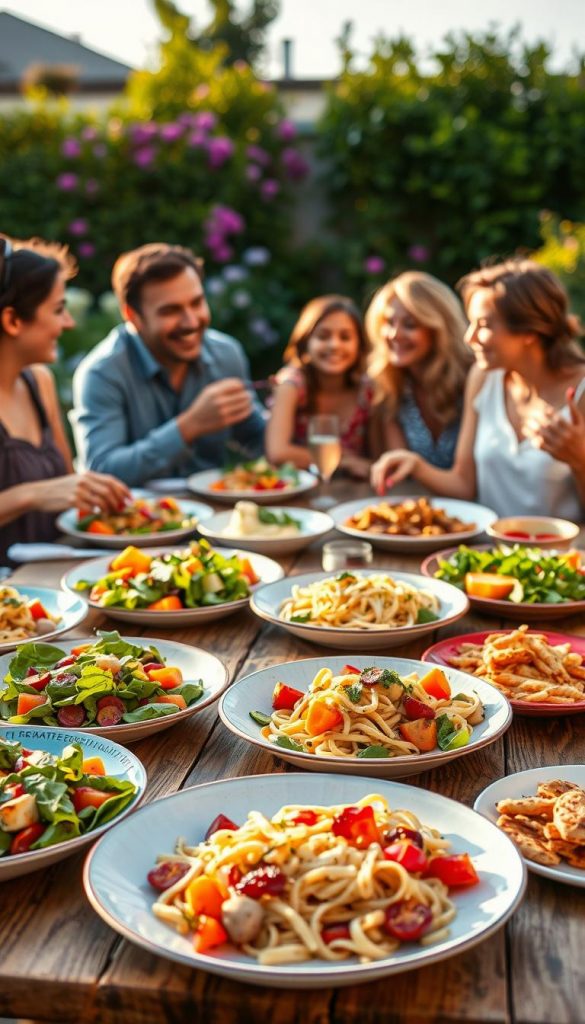 A beautifully arranged summer dinner scene featuring a colorful spread of quick, light dishes. In the foreground, a rustic wooden table is adorned with vibrant plates filled with fresh salads, grilled vegetables, and light pasta dishes, all evoking a warm, inviting atmosphere. In the middle ground, a sun-kissed outdoor setting captures family members in modest casual clothing, laughing and enjoying their meal together, radiating joy and togetherness. Soft, golden hour lighting bathes the scene, enhancing the warm colors of the food and the cheerful expressions. In the background, a blooming garden adds a touch of natural beauty. The overall mood is relaxed and inspiring, perfect for a Pinterest aesthetic that aligns with “KlickKiste” branding. A beautifully arranged summer dinner scene featuring a colorful spread of quick, light dishes. In the foreground, a rustic wooden table is adorned with vibrant plates filled with fresh salads, grilled vegetables, and light pasta dishes, all evoking a warm, inviting atmosphere. In the middle ground, a sun-kissed outdoor setting captures family members in modest casual clothing, laughing and enjoying their meal together, radiating joy and togetherness. Soft, golden hour lighting bathes the scene, enhancing the warm colors of the food and the cheerful expressions. In the background, a blooming garden adds a touch of natural beauty. The overall mood is relaxed and inspiring, perfect for a Pinterest aesthetic that aligns with “KlickKiste” branding.