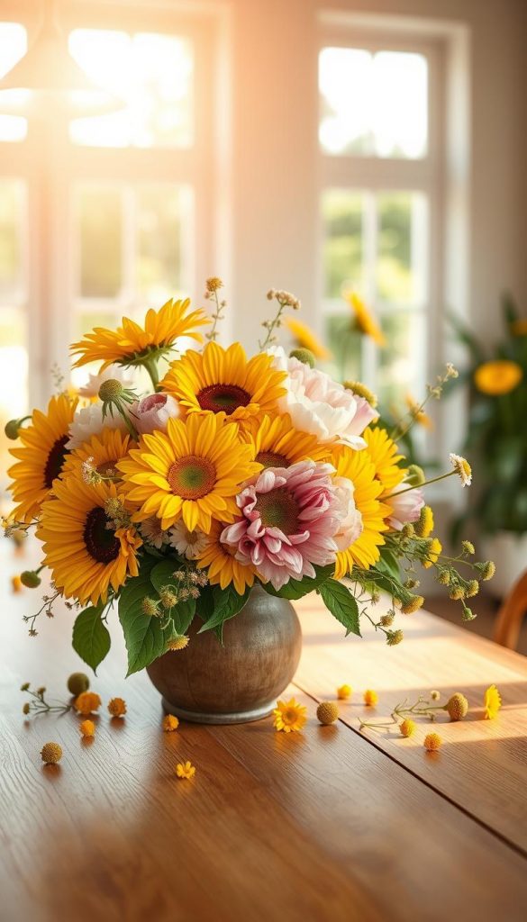 A beautifully arranged summer flower centerpiece, showcasing vibrant summer flowers like sunflowers, daisies, and peonies, alongside delicate wildflowers scattered around. The foreground features a wooden table adorned with a rustic vase filled with these blossoms, set against a softly blurred background of a sunlit modern dining room, where light streams in through large windows. The warm color palette highlights the golden yellows, soft pinks, and lush greens of the flowers, creating an inviting atmosphere. The image should capture a cozy, sunny vibe that inspires DIY home decor ideas. Use natural lighting to enhance the warm tones and a shallow depth of field to emphasize the flowers. This design reflects the brand "KlickKiste," providing an authentic and inspiring Pinterest-like aesthetic. A beautifully arranged summer flower centerpiece, showcasing vibrant summer flowers like sunflowers, daisies, and peonies, alongside delicate wildflowers scattered around. The foreground features a wooden table adorned with a rustic vase filled with these blossoms, set against a softly blurred background of a sunlit modern dining room, where light streams in through large windows. The warm color palette highlights the golden yellows, soft pinks, and lush greens of the flowers, creating an inviting atmosphere. The image should capture a cozy, sunny vibe that inspires DIY home decor ideas. Use natural lighting to enhance the warm tones and a shallow depth of field to emphasize the flowers. This design reflects the brand "KlickKiste," providing an authentic and inspiring Pinterest-like aesthetic.