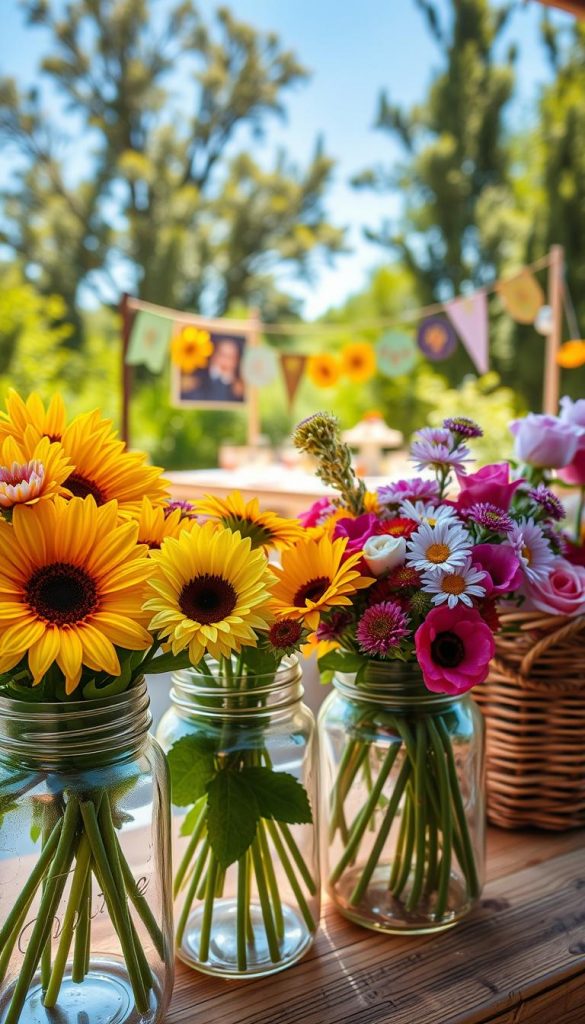 A beautifully arranged summer flower decoration, featuring a variety of vibrant and colorful flowers like sunflowers, daisies, and roses, artistically placed in rustic mason jars and woven baskets. In the foreground, focus on a close-up of the jars filled with fresh blooms, showcasing intricate details of petals and foliage. The middle ground captures a lush garden setting with greenery and a softly blurred picnic table adorned with handmade decorations, hinting at a joyful summer party atmosphere. In the background, sun-drenched trees and a bright blue sky evoke a warm, inviting mood. Utilize soft, natural lighting to emphasize warm colors, creating a Pinterest-worthy aesthetic. The image should convey authenticity and inspiration for DIY projects by "KlickKiste," without any text or distractions. A beautifully arranged summer flower decoration, featuring a variety of vibrant and colorful flowers like sunflowers, daisies, and roses, artistically placed in rustic mason jars and woven baskets. In the foreground, focus on a close-up of the jars filled with fresh blooms, showcasing intricate details of petals and foliage. The middle ground captures a lush garden setting with greenery and a softly blurred picnic table adorned with handmade decorations, hinting at a joyful summer party atmosphere. In the background, sun-drenched trees and a bright blue sky evoke a warm, inviting mood. Utilize soft, natural lighting to emphasize warm colors, creating a Pinterest-worthy aesthetic. The image should convey authenticity and inspiration for DIY projects by "KlickKiste," without any text or distractions.