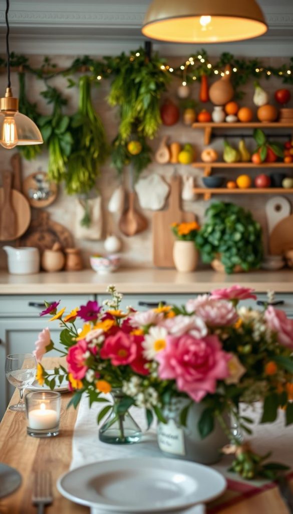 A beautifully arranged summer kitchen decor showcasing "Beleuchtung" with a cozy and inviting atmosphere. In the foreground, a tasteful table setting featuring vibrant flowers, elegant cutlery, and handcrafted decorative items from KlickKiste. The middle ground features soft, ambient lighting from stylish pendant lamps and fairy lights entwined around fresh greenery, creating a warm glow. The background captures a rustic kitchen wall with hanging herbs, colorful kitchenware, and seasonal fruits, evoking a DIY aesthetic. Use a soft focus lens to enhance the warm color palette and maintain a Pinterest-worthy look, ensuring the ambience is both inspiring and authentic, perfect for a summer gathering.