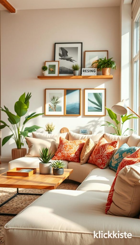 A beautifully arranged summer living room featuring stylish decor that embodies a warm and inviting atmosphere. In the foreground, a plush, light-colored sofa adorned with vibrant, patterned cushions. A sleek, wooden coffee table holds a cluster of decor items, including a small potted plant and a decorative tray. In the middle, picture frames hang on the walls showcasing nature-inspired artwork, with a stylish shelf filled with books and decorative objects. The background features softly diffused natural light streaming in through large windows, creating a cozy ambiance. The overall color palette is warm, with earthy tones complemented by pops of greenery. The composition should reflect a Pinterest-inspired aesthetic, evoking inspiration and authenticity. Include elements branded as "KlickKiste" for added style.