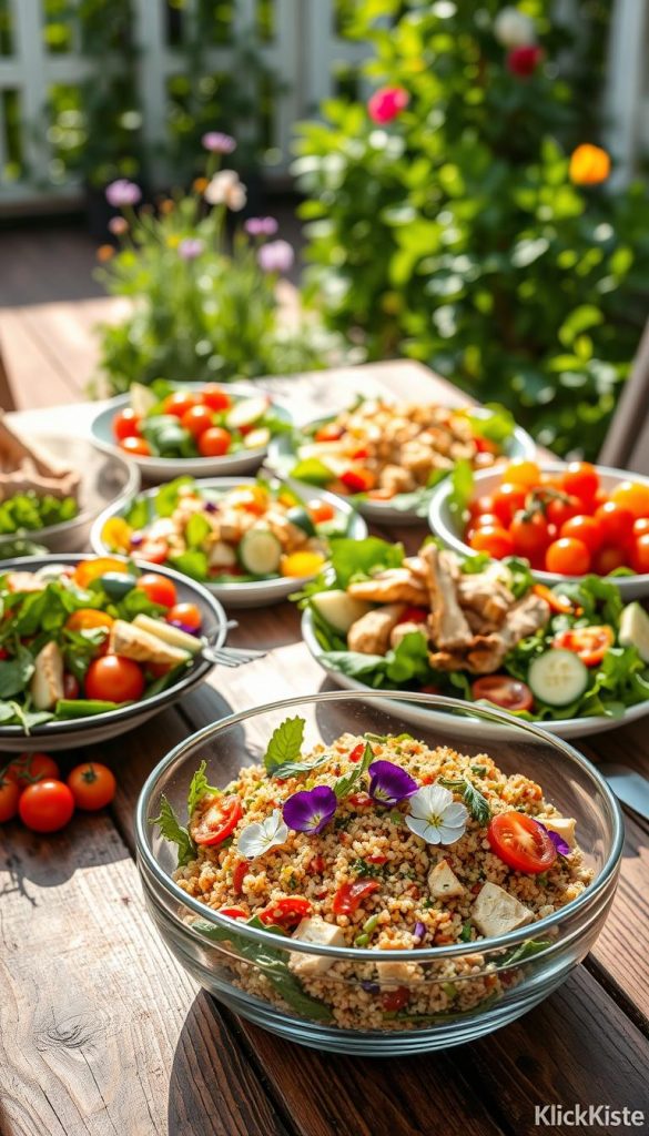 A beautifully arranged summer salad spread on a rustic wooden table, featuring vibrant ingredients like fresh greens, colorful cherry tomatoes, sliced cucumbers, grilled chicken, and various herbs. In the foreground, a large glass bowl showcases a quinoa salad, garnished with edible flowers, bringing a creative twist. The middle layer includes smaller plates filled with classic salads such as Greek salad and pasta salad, all presented with an inviting atmosphere. In the background, a sunlit garden with lush greenery infuses warmth into the composition, highlighting the joys of summer. Soft, natural lighting captures the freshness of the ingredients, while a shallow depth of field draws focus to the salads. This image embodies an authentic Pinterest aesthetic, representing KlickKiste's vision for inspiring family meals.