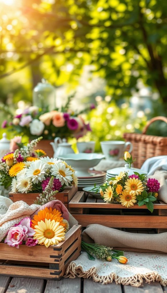 A beautifully arranged summer scene featuring seasonal materials inspired by Scandinavian decor trends, showcasing a harmonious blend of vibrant spring to late summer colors. In the foreground, a collection of natural DIY materials such as wooden crates, colorful flowers, and textured fabrics in shades of soft pastels and deep greens. In the middle, a cozy picnic setup with elegant tableware, featuring floral patterns and ceramic dishes, surrounded by lush greenery. The background should exhibit a bright, sunlit environment with soft bokeh effects created by dappled sunlight filtering through leaves. The overall atmosphere is warm, inviting, and inspirational, reminiscent of Pinterest aesthetics, embodying a 'KlickKiste' vibe. The image should have an organic feel, captured from a slightly elevated angle to encompass all elements beautifully. A beautifully arranged summer scene featuring seasonal materials inspired by Scandinavian decor trends, showcasing a harmonious blend of vibrant spring to late summer colors. In the foreground, a collection of natural DIY materials such as wooden crates, colorful flowers, and textured fabrics in shades of soft pastels and deep greens. In the middle, a cozy picnic setup with elegant tableware, featuring floral patterns and ceramic dishes, surrounded by lush greenery. The background should exhibit a bright, sunlit environment with soft bokeh effects created by dappled sunlight filtering through leaves. The overall atmosphere is warm, inviting, and inspirational, reminiscent of Pinterest aesthetics, embodying a 'KlickKiste' vibe. The image should have an organic feel, captured from a slightly elevated angle to encompass all elements beautifully.