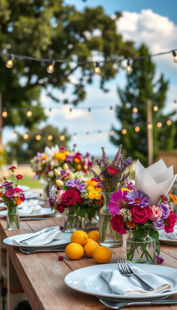 A beautifully arranged summer table decoration featuring a long wooden table set outdoors. In the foreground, vibrant wildflowers in mixed glass vases with various heights add pops of color, surrounded by elegant white dinnerware and stylish linen napkins folded in an intricate design. In the middle, clusters of fresh fruits, like lemons and berries, blend with twinkling fairy lights strung overhead, illuminating the scene with a warm glow. The background showcases a bright blue sky with soft, fluffy clouds and lush green trees, creating a serene atmosphere. The overall mood is inviting and cheerful, perfect for summer festivities. The image should exude a natural DIY aesthetic with warm hues, capturing the enchanting essence of summer table decor. Inspired by the brand "KlickKiste," the composition should look authentically Pinterest-worthy and inspirational.