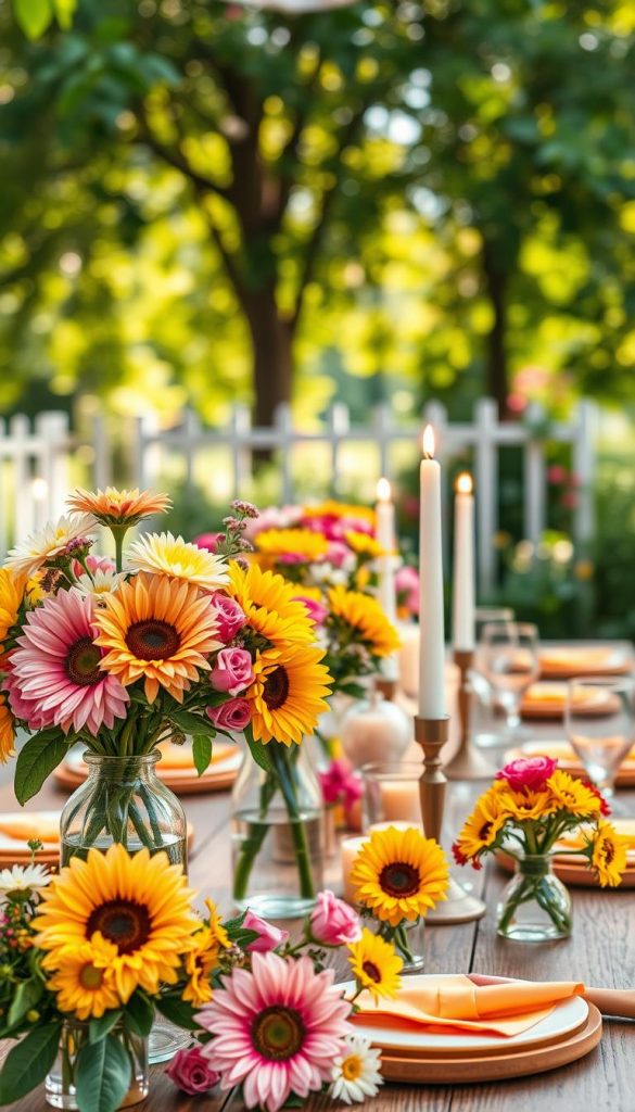 A beautifully arranged summer table decoration featuring vibrant and warm colors, showcasing a blend of soft pinks, sunny yellows, and lush greens. In the foreground, there are elegant floral arrangements made of sunflowers, daisies, and roses, displayed in rustic glass vases. The middle layer shows an inviting wooden table set with colorful tableware and flickering candles, creating a cozy atmosphere. In the background, a softly blurred garden scene with dappled sunlight streaming through leafy trees enhances the summery vibe. The scene captures a warm, inviting ambiance, perfect for a summer gathering. Use a shallow depth of field to highlight the flowers and tableware, with natural lighting that echoes the mood of a pleasant summer day. The image should embody an authentic, Pinterest-inspired aesthetic that reflects the essence of "KlickKiste."