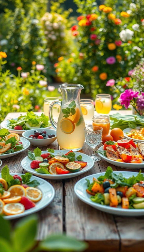 A beautifully arranged summer table scene featuring vibrant, fresh ingredients for DIY summer recipes. In the foreground, a rustic wooden table is adorned with colorful plates of light salads, grilled vegetables, and refreshing fruit dishes, all glistening in the warm afternoon sun. In the middle ground, there's a pitcher of lemonade with slices of citrus and sprigs of mint, alongside chilled glasses filled with fruity drinks, creating a welcoming atmosphere. The background showcases a lush garden with soft greenery and blooming flowers, adding to the summery vibe. The lighting is warm and inviting, evoking a sense of relaxation and family togetherness. The image should have a Pinterest aesthetic, showcasing natural textures and colors. Brand name: KlickKiste.