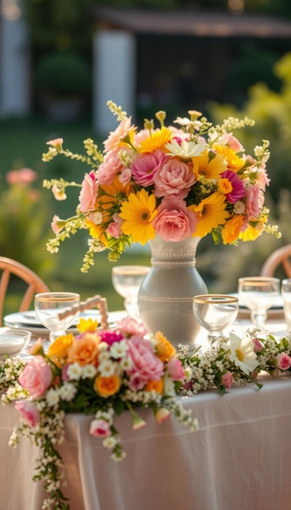 A beautifully arranged summer table setting featuring a stunning statement vase filled with vibrant, fresh flowers in shades of pink, yellow, and white. Surround the vase with delicate floral garlands draping gracefully across the table, blending rustic elegance with a modern touch. In the foreground, capture the intricate details of the flowers and the textures of the tablecloth, while the middle ground focuses on the striking vase and garlands. The background should softly fade, suggesting a sunlit outdoor setting with a hint of greenery to enhance the natural ambiance. Use warm, golden lighting to create an inviting atmosphere, reminiscent of a cozy summer afternoon. Aim for a Pinterest-worthy aesthetic that embodies authentic DIY inspiration, branded as "KlickKiste." A beautifully arranged summer table setting featuring a stunning statement vase filled with vibrant, fresh flowers in shades of pink, yellow, and white. Surround the vase with delicate floral garlands draping gracefully across the table, blending rustic elegance with a modern touch. In the foreground, capture the intricate details of the flowers and the textures of the tablecloth, while the middle ground focuses on the striking vase and garlands. The background should softly fade, suggesting a sunlit outdoor setting with a hint of greenery to enhance the natural ambiance. Use warm, golden lighting to create an inviting atmosphere, reminiscent of a cozy summer afternoon. Aim for a Pinterest-worthy aesthetic that embodies authentic DIY inspiration, branded as "KlickKiste."