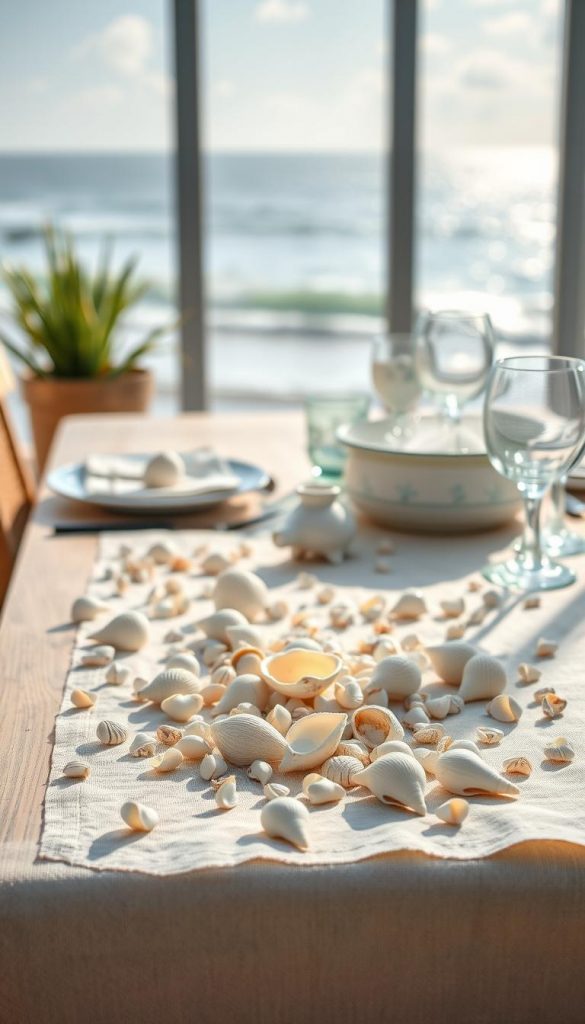 A beautifully arranged summer table setting featuring an array of delicate seashells (muscheln) in soft, natural hues of cream and pastel blue. In the foreground, a wooden table holds a light linen tablecloth adorned with scattered small shells and delightful ocean-themed decor. The middle ground showcases elegant dinnerware with ocean-inspired motifs, complemented by simple glassware reflecting sunlight. In the background, a gentle blurred scene of softly rolling waves and a bright sky creates a serene maritime atmosphere. The lighting is warm and inviting, capturing the essence of a sunny summer day, enhancing the textures of the shells and the fabric. The overall mood is relaxing and inspirational, perfect for a DIY summer decor theme by KlickKiste.