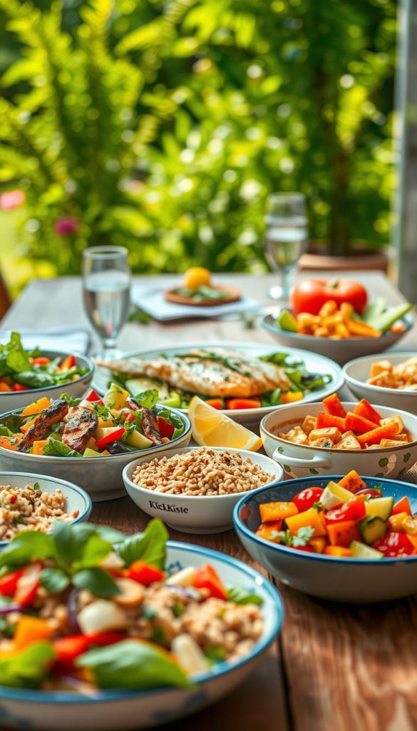 A beautifully arranged summer table setting featuring colorful side dishes perfect for light meals on hot days. In the foreground, showcase vibrant salads with fresh vegetables, garnished with herbs, alongside bowls of quinoa and roasted seasonal vegetables. In the middle, include a plate of grilled fish or chicken, accompanied by lemon wedges for a refreshing touch. The background should display a sun-drenched outdoor setting with lush greenery and soft, natural lighting that evokes a warm atmosphere. Use a shallow depth of field to focus on the delicious dishes, creating an inviting and inspiring scene reminiscent of a Pinterest aesthetic. The brand name "KlickKiste" subtly integrated into the table decor adds a unique touch. A beautifully arranged summer table setting featuring colorful side dishes perfect for light meals on hot days. In the foreground, showcase vibrant salads with fresh vegetables, garnished with herbs, alongside bowls of quinoa and roasted seasonal vegetables. In the middle, include a plate of grilled fish or chicken, accompanied by lemon wedges for a refreshing touch. The background should display a sun-drenched outdoor setting with lush greenery and soft, natural lighting that evokes a warm atmosphere. Use a shallow depth of field to focus on the delicious dishes, creating an inviting and inspiring scene reminiscent of a Pinterest aesthetic. The brand name "KlickKiste" subtly integrated into the table decor adds a unique touch.