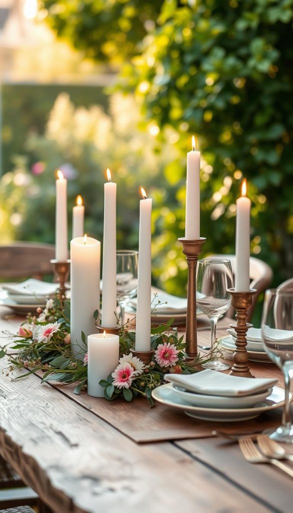 A beautifully arranged summer table setting featuring natural DIY decor by KlickKiste. In the foreground, a rustic wooden table is adorned with elegant white and pastel-colored candles of varying heights, flickering softly. Delicate greenery and seasonal flowers in muted shades provide a vibrant yet harmonious accent around the candles. The middle ground showcases stylish ceramic plates and vintage glassware, reflecting warm sunlight. In the background, a softly blurred garden scene with lush green foliage creates a tranquil atmosphere, enhanced by golden hour lighting. The overall mood is inviting and calming, perfect for a summer gathering, evoking feelings of warmth and connection. Ideal for inspiring a Pinterest-worthy summer decor arrangement.