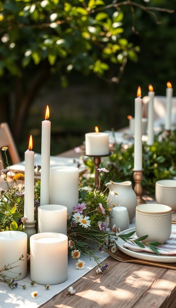 A beautifully arranged summer table setting featuring natural candle decorations inspired by rustic shabby chic aesthetics. In the foreground, elegantly crafted white and pastel-hued candles are nestled among wildflowers and fresh greenery, creating a warm, inviting atmosphere. The middle ground showcases a charming wooden table adorned with delicate linen napkins and artisanal ceramics, enhancing the natural elegance. In the background, soft sunlight filters through leafy branches, casting gentle shadows that add depth to the scene. The overall mood is cozy and tranquil, evoking a sense of outdoor relaxation. Incorporate earthy tones and textures to capture a Pinterest-worthy aesthetic. This composition is designed to reflect a natural DIY theme, inspired by KlickKiste's approach to summer decorations.