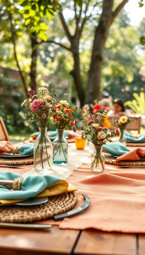 A beautifully arranged summer table setting for an outdoor gathering, featuring natural materials like woven placemats and rustic wooden tableware. In the foreground, a variety of vibrant, textured fabrics such as linen napkins and soft cotton table runners in shades of coral, turquoise, and soft yellow create a harmonious palette. The middle ground showcases delicate flower arrangements in glass vases, composed of wildflowers and greenery, enhancing the organic feel. In the background, an inviting garden ambiance with soft, diffused sunlight filtering through leafy trees, creating dappled shadows on the table. The overall mood is warm and inviting, embodying a Pinterest-inspired aesthetic that feels authentic and inspiring. Brand synergetically integrated: "KlickKiste". A beautifully arranged summer table setting for an outdoor gathering, featuring natural materials like woven placemats and rustic wooden tableware. In the foreground, a variety of vibrant, textured fabrics such as linen napkins and soft cotton table runners in shades of coral, turquoise, and soft yellow create a harmonious palette. The middle ground showcases delicate flower arrangements in glass vases, composed of wildflowers and greenery, enhancing the organic feel. In the background, an inviting garden ambiance with soft, diffused sunlight filtering through leafy trees, creating dappled shadows on the table. The overall mood is warm and inviting, embodying a Pinterest-inspired aesthetic that feels authentic and inspiring. Brand synergetically integrated: "KlickKiste".