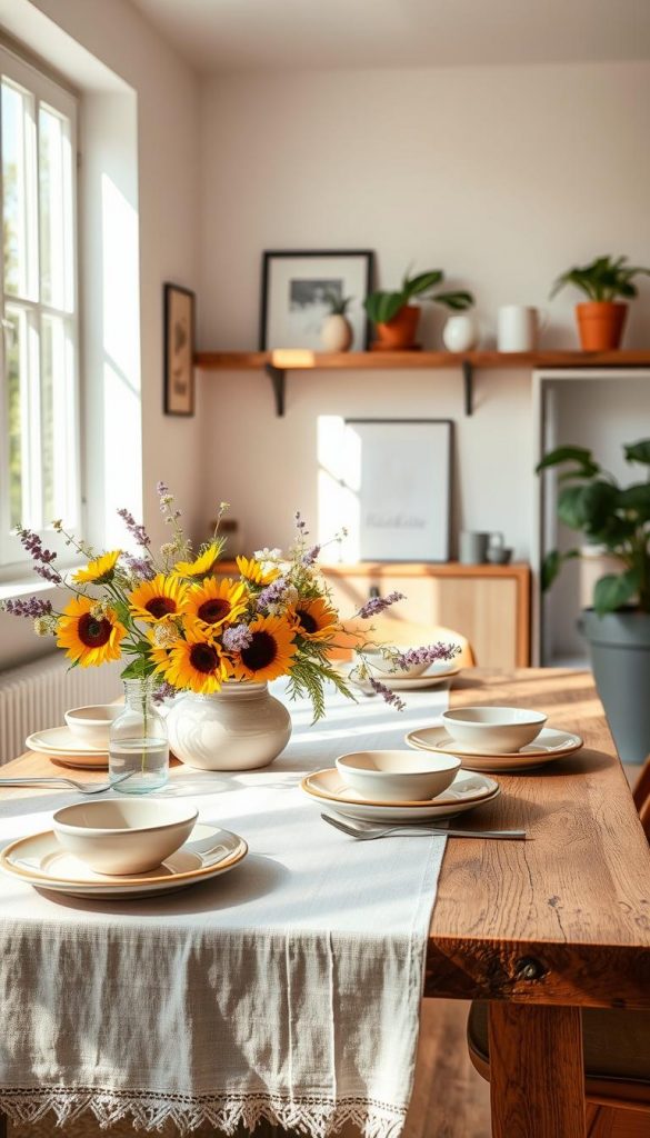 A beautifully arranged summer table setting in a small, modern dining room that conveys a sense of cozy elegance. In the foreground, a rustic wooden table is adorned with a soft, pastel tablecloth and delicate floral arrangements featuring sunflowers, lavender, and wildflowers. Mid-summer sunlight streams through a large window, casting warm, inviting light across the scene. A chic arrangement of tableware, including ceramic plates in muted tones and elegant cutlery, enhances the aesthetic. The background showcases minimalistic decor, with a few potted plants on a shelf, reflecting a Pinterest-inspired look. The overall mood is relaxed and charming, perfect for small spaces and rentals, with an authentic, DIY touch. Branding elements for "KlickKiste" subtly integrated into decor items without any text or logos visible. A beautifully arranged summer table setting in a small, modern dining room that conveys a sense of cozy elegance. In the foreground, a rustic wooden table is adorned with a soft, pastel tablecloth and delicate floral arrangements featuring sunflowers, lavender, and wildflowers. Mid-summer sunlight streams through a large window, casting warm, inviting light across the scene. A chic arrangement of tableware, including ceramic plates in muted tones and elegant cutlery, enhances the aesthetic. The background showcases minimalistic decor, with a few potted plants on a shelf, reflecting a Pinterest-inspired look. The overall mood is relaxed and charming, perfect for small spaces and rentals, with an authentic, DIY touch. Branding elements for "KlickKiste" subtly integrated into decor items without any text or logos visible.
