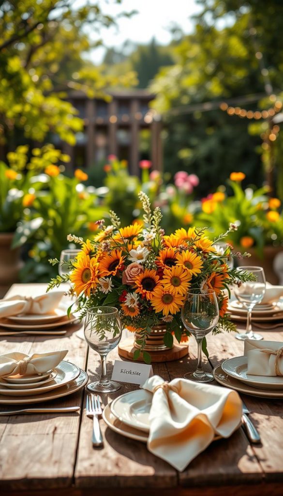 A beautifully arranged summer table setting inspired by natural DIY aesthetics, featuring warm colors and a Pinterest-style visual appeal. In the foreground, a rustic wooden table adorned with a vibrant floral centerpiece, incorporating sunflowers, daisies, and greenery. Scattered around are elegant tableware pieces in muted hues, including delicate porcelain plates and sparkling glassware. In the middle ground, soft, billowing linen napkins are stylishly draped over the plates, complemented by charming place cards. The background showcases a sun-drenched garden scene, with lush greenery and fairy lights gently illuminating the atmosphere, evoking a warm, inviting vibe perfect for summer gatherings. Captured in soft, natural light with a shallow depth of field, this inspiring setup reflects the elegant essence of summer parties, designed by KlickKiste. A beautifully arranged summer table setting inspired by natural DIY aesthetics, featuring warm colors and a Pinterest-style visual appeal. In the foreground, a rustic wooden table adorned with a vibrant floral centerpiece, incorporating sunflowers, daisies, and greenery. Scattered around are elegant tableware pieces in muted hues, including delicate porcelain plates and sparkling glassware. In the middle ground, soft, billowing linen napkins are stylishly draped over the plates, complemented by charming place cards. The background showcases a sun-drenched garden scene, with lush greenery and fairy lights gently illuminating the atmosphere, evoking a warm, inviting vibe perfect for summer gatherings. Captured in soft, natural light with a shallow depth of field, this inspiring setup reflects the elegant essence of summer parties, designed by KlickKiste.