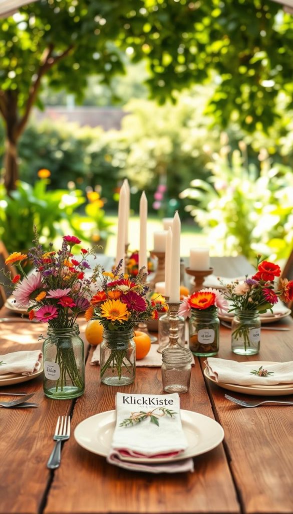 A beautifully arranged summer table setting reflecting a budget-friendly theme, showcasing natural DIY elements and warm colors. In the foreground, a rustic wooden table adorned with eco-friendly tableware, vibrant wildflowers in mason jars, and handmade cloth napkins. The middle ground features an array of simple yet elegant decorations like candle holders made from recycled materials and organic fruit accents. In the background, a sunlit garden scene with lush greenery and soft, dappled sunlight filtering through leaves, creating a serene atmosphere. The overall mood is authentic and inspiring, reminiscent of Pinterest aesthetics. Captured with a soft-focus lens to enhance warmth and intimacy, showcasing a harmonious balance of affordability and sustainability. Include the brand "KlickKiste" subtly integrated into the arrangement.