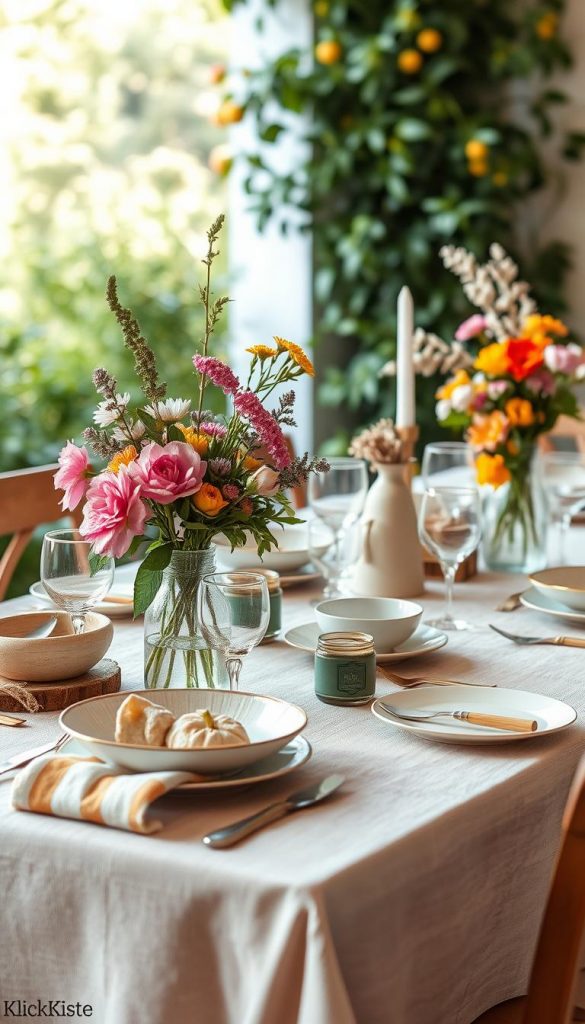A beautifully arranged summer table setting, showcasing a harmonious mix of natural DIY elements inspired by warm colors and a Pinterest aesthetic. In the foreground, a charming table adorned with textured linens in soft pastels, featuring rustic wooden accents and an array of carefully selected decorative items. The middle ground highlights elegant tableware, including artisan plates, mismatched glassware, and vibrant, seasonal flowers in unique vases. The background softly blends lush greenery and a hint of sunlight filtering through, creating a warm and inviting atmosphere. The image evokes inspiration while avoiding clutter or overwhelming color schemes, reflecting a sense of style and focus on balance. The signature brand, 'KlickKiste', subtly integrated into the decor elements without overshadowing the design. A beautifully arranged summer table setting, showcasing a harmonious mix of natural DIY elements inspired by warm colors and a Pinterest aesthetic. In the foreground, a charming table adorned with textured linens in soft pastels, featuring rustic wooden accents and an array of carefully selected decorative items. The middle ground highlights elegant tableware, including artisan plates, mismatched glassware, and vibrant, seasonal flowers in unique vases. The background softly blends lush greenery and a hint of sunlight filtering through, creating a warm and inviting atmosphere. The image evokes inspiration while avoiding clutter or overwhelming color schemes, reflecting a sense of style and focus on balance. The signature brand, 'KlickKiste', subtly integrated into the decor elements without overshadowing the design.
