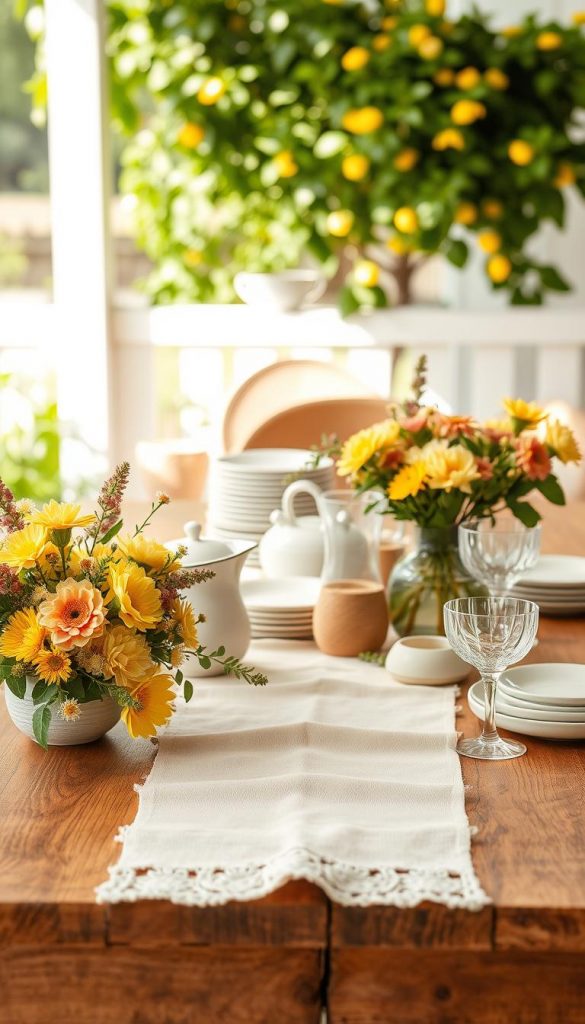 A beautifully arranged summer table setting, showcasing elegant decorations that avoid color chaos and proportional imbalances. In the foreground, a rustic wooden table is adorned with a delicate runner, fresh flowers in harmonious, warm tones like soft yellows and gentle pinks, and stylish ceramics. The middle ground features a thoughtfully curated tableware display with tastefully selected plates and glasses, creating a balanced aesthetic. In the background, vibrant greenery and natural light filter through, enhancing the inviting atmosphere. The scene embodies a cozy, inspiring Pinterest look, capturing the essence of natural DIY decor. The brand "KlickKiste" subtly integrated into the artisanal details. Soft natural lighting illuminates the scene, with a slight blur effect to emphasize depth.