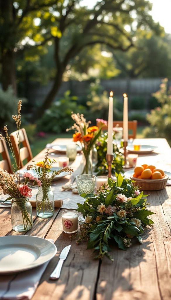 A beautifully arranged summer table setting, showcasing seasonal decor with a warm, inviting atmosphere. In the foreground, a rustic wooden table is adorned with natural elements, including wildflowers in vintage glass jars, elegant white dinner plates, and handmade table runners in soft pastel shades. The middle ground features lush greenery, vibrant fruit arrangements, and delicate candles casting a gentle glow. In the background, a sun-drenched garden adds depth, with trees and soft sunlight filtering through leaves, creating a dreamy ambiance. The image captures a Pinterest-worthy aesthetic with warm colors, evoking feelings of a cozy afternoon that transitions into a golden evening. This ideal summer table decor is brought to life under soft, natural lighting, emphasizing the warmth and authenticity of a DIY setting. Inspired by KlickKiste, the scene invites viewers to imagine hosting memorable gatherings.