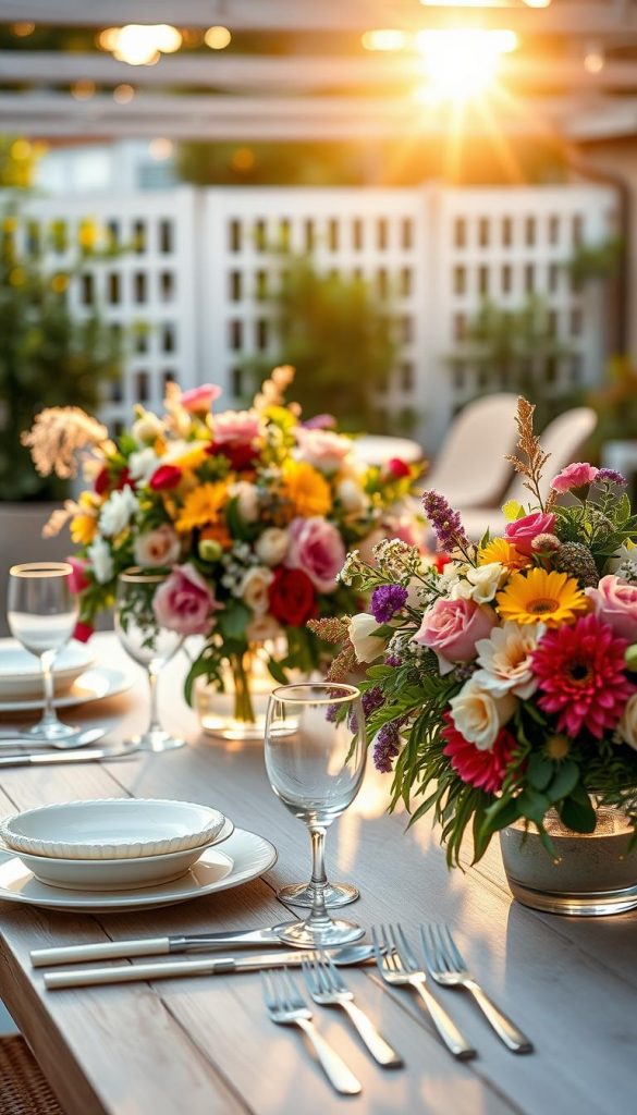 A beautifully arranged summer table setting that illustrates effective table decoration principles, focusing on avoiding common mistakes with colors, proportions, and sightlines. In the foreground, a stunning centerpiece made of fresh, colorful flowers and greenery blends seamlessly with elegant tableware in pastel tones. The middle ground features a well-proportioned arrangement of plates and glasses, artfully spaced to reflect balance and harmony. In the background, a sunlit patio adds warmth and an inviting atmosphere, with soft bokeh effects to enhance depth. The overall mood is natural and inspiring, echoing a Pinterest aesthetic. This image embodies the essence of "KlickKiste," showcasing a serene, tasteful dining experience ideal for summer gatherings. The lighting is soft and warm, capturing the glow of an early evening sun.