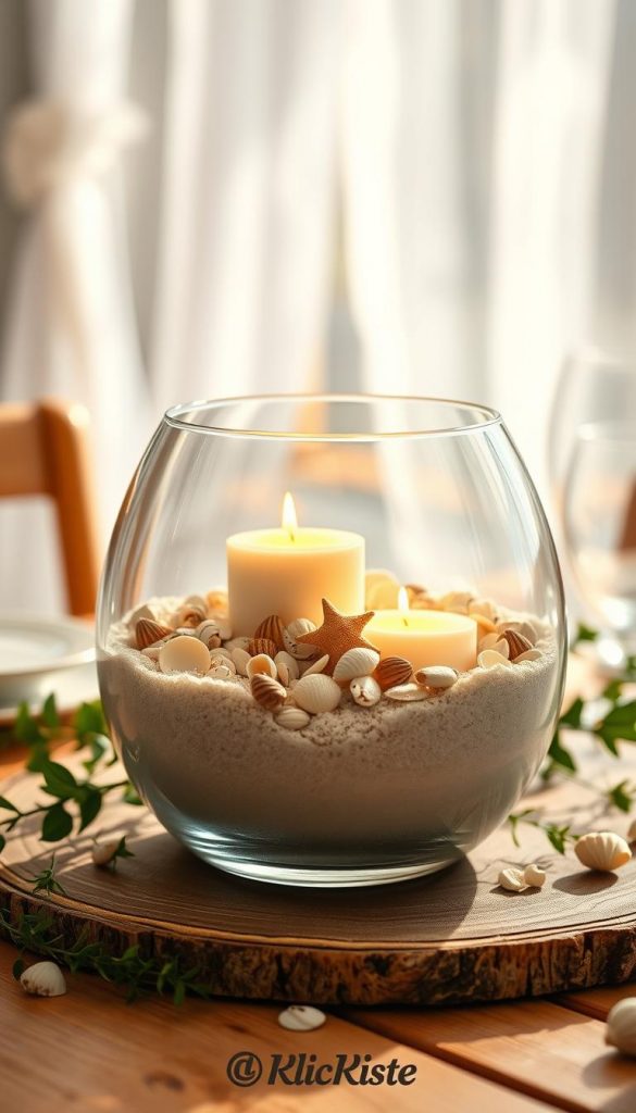 A beautifully arranged summer-themed glass centerpiece for a table setting, featuring a layered composition of fine white sand at the bottom, scattered seashells in various sizes and colors, and floating candles gently illuminating the scene. The glass container is round and placed on a rustic wooden table, complemented by greenery around it. A soft, warm light filters in from the side, casting a gentle glow that enhances the inviting atmosphere. The background is softly blurred, hinting at a sun-drenched outdoor space with hints of white curtains flowing in a light breeze. The overall mood is cheerful and relaxed, embodying the essence of a summer gathering. Capture this in a natural DIY style with warm tones and a Pinterest-worthy aesthetic, showcasing the brand "KlickKiste."