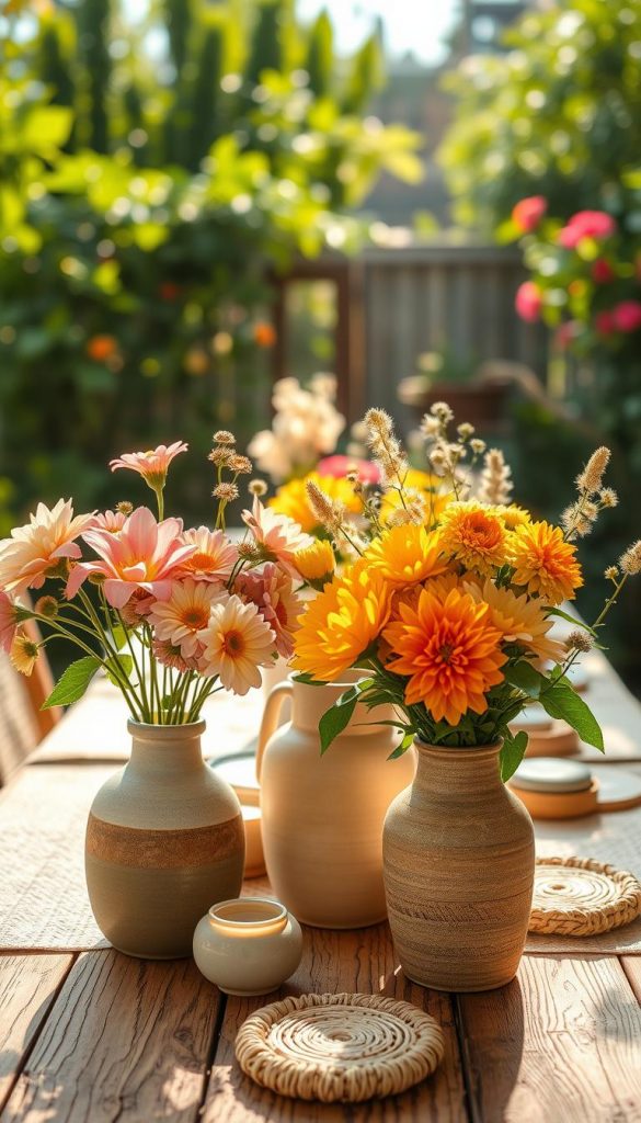 A beautifully arranged summer-themed natural decor scene featuring a harmonious blend of warm colors and organic materials. In the foreground, vibrant flower arrangements in handmade ceramic vases, showcasing a mix of soft pinks, warm yellows, and lush greens. The middle ground exhibits a rustic wooden table adorned with delicate, textured table runners and various DIY decorative elements like woven baskets and natural stone coasters. In the background, a soft, sunlit garden setting with lush foliage and gentle bokeh effects to create a dreamy ambiance. The lighting is warm and inviting, evoking a sense of summer peace and inspiration. Capture the essence of a Pinterest-worthy decor setup, integrating elements from the brand "KlickKiste". The overall mood should be authentic, inspiring, and aesthetically pleasing.