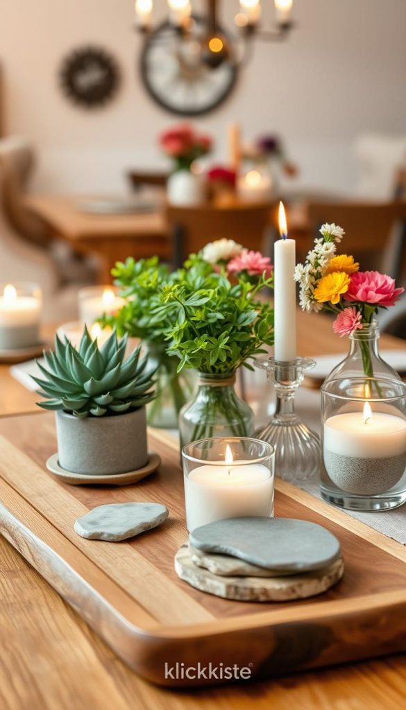 A beautifully arranged table centerpiece designed for an elegant yet cozy dining setting, showcasing unique DIY decor elements that draw the eye. In the foreground, there is a hand-crafted wooden tray holding stylish coasters made from natural stone and vibrant plants in ceramic pots. In the middle ground, delicate candles flicker softly, surrounded by an assortment of small decorative items such as artisanal glass vases filled with seasonal flowers. The background features a softly blurred view of a warm, inviting dining room with soft lighting. The overall mood is warm and inspiring, resembling a trendy Pinterest aesthetic. Emphasize natural colors and textures to enhance the inviting atmosphere. Include the brand name "KlickKiste" subtly integrated into the scene.