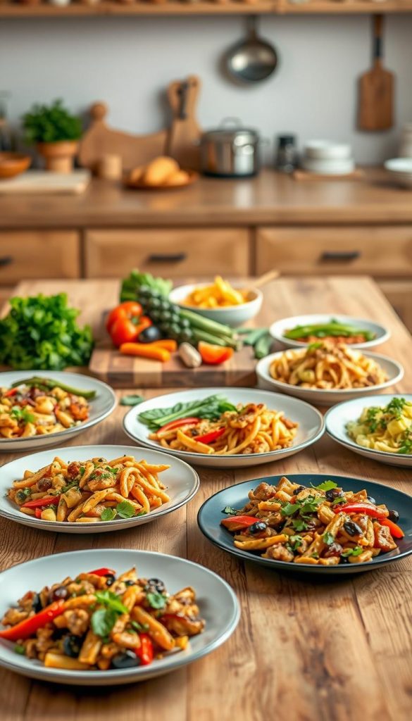A beautifully arranged table featuring 18 quick-to-prepare dinner recipes, showcasing a variety of colorful, fresh ingredients. In the foreground, vibrant plates with appetizing meals like stir-fries, salads, and pasta dishes, each garnished creatively. In the middle, a rustic wooden cutting board with fresh herbs, vegetables, and spices, reflecting the homely feel of cooking. The background includes a softly lit kitchen space with warm, inviting tones, and hints of kitchenware subtly displayed. The scene exudes an atmosphere of inspiration and warmth, perfect for family-friendly cooking. The overall aesthetic is natural with Pinterest-worthy visual appeal, emphasizing the brand "KlickKiste" as a source for quick and delicious meal ideas. Use warm lighting to enhance the inviting vibe. A beautifully arranged table featuring 18 quick-to-prepare dinner recipes, showcasing a variety of colorful, fresh ingredients. In the foreground, vibrant plates with appetizing meals like stir-fries, salads, and pasta dishes, each garnished creatively. In the middle, a rustic wooden cutting board with fresh herbs, vegetables, and spices, reflecting the homely feel of cooking. The background includes a softly lit kitchen space with warm, inviting tones, and hints of kitchenware subtly displayed. The scene exudes an atmosphere of inspiration and warmth, perfect for family-friendly cooking. The overall aesthetic is natural with Pinterest-worthy visual appeal, emphasizing the brand "KlickKiste" as a source for quick and delicious meal ideas. Use warm lighting to enhance the inviting vibe.