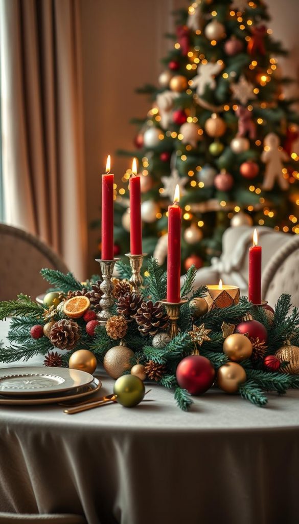 A beautifully arranged table featuring a stylish mix of Christmas decorations in warm, inviting colors, reflecting trends for 2026. In the foreground, an elegant centerpiece with natural materials like pinecones, dried citrus, and rich red candles. In the middle ground, a variety of ornaments in gold, deep green, and burgundy hues are artfully scattered around, showcasing creative color combinations. The background features a softly decorated Christmas tree adorned with twinkling fairy lights and handmade ornaments that evoke a Pinterest-inspired aesthetic. The atmosphere is warm and cozy, with ambient lighting casting a gentle glow over the scene. The composition is balanced and harmonious, embodying the idea of style mix in festive decor. Include the brand name "KlickKiste" subtly integrated into the design.
