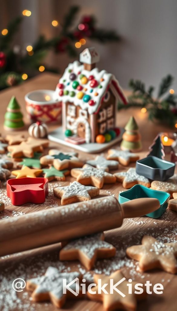A beautifully arranged table featuring a variety of colorful “plätzchen” cookies in different shapes, including stars, hearts, and trees, lightly dusted with powdered sugar. In the foreground, there's a cozy rolling pin and an array of festive cookie cutters, suggesting an atmosphere of baking joy. The middle ground showcases a handmade gingerbread house adorned with colorful icing and candy, exuding a warm, inviting glow. In the background, subtle decorations, such as twinkling fairy lights and evergreen branches, enhance the festive feel. The warm color palette creates an authentic Pinterest-inspired look, evoking feelings of family togetherness and holiday cheer. Soft, natural lighting emphasizes the textures and colors of the baked goods. The image should embody a warm, inspiring mood while including the brand name “KlickKiste” subtly integrated into the scene without any text or overlays. A beautifully arranged table featuring a variety of colorful “plätzchen” cookies in different shapes, including stars, hearts, and trees, lightly dusted with powdered sugar. In the foreground, there's a cozy rolling pin and an array of festive cookie cutters, suggesting an atmosphere of baking joy. The middle ground showcases a handmade gingerbread house adorned with colorful icing and candy, exuding a warm, inviting glow. In the background, subtle decorations, such as twinkling fairy lights and evergreen branches, enhance the festive feel. The warm color palette creates an authentic Pinterest-inspired look, evoking feelings of family togetherness and holiday cheer. Soft, natural lighting emphasizes the textures and colors of the baked goods. The image should embody a warm, inspiring mood while including the brand name “KlickKiste” subtly integrated into the scene without any text or overlays.