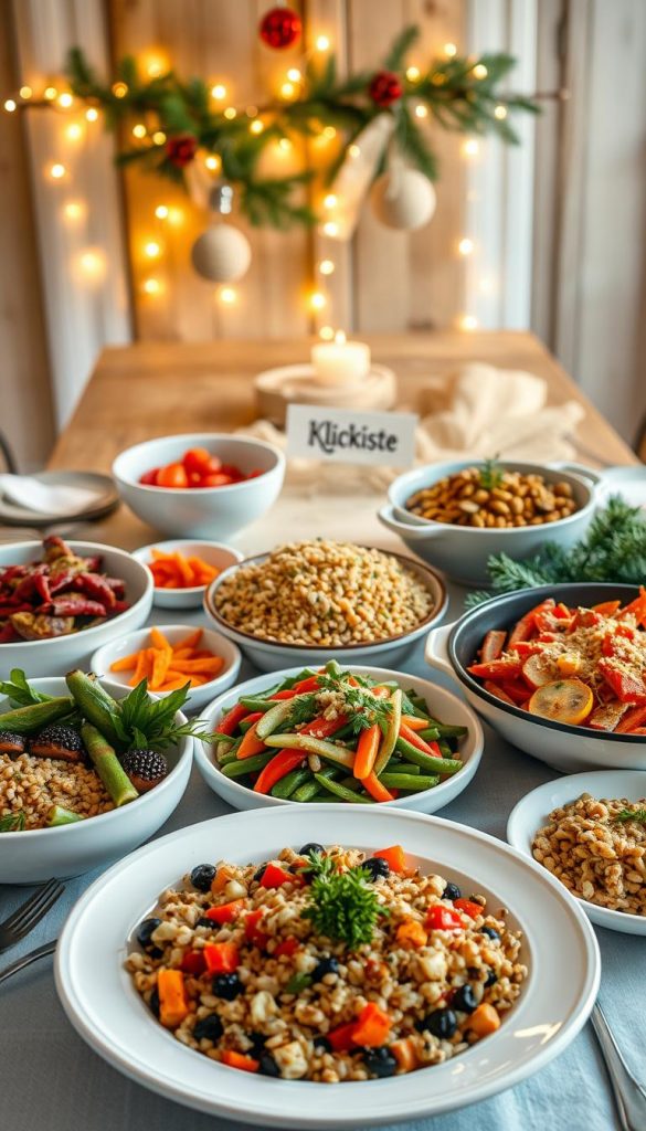 A beautifully arranged table featuring a variety of festive side dishes for Christmas, highlighting healthy alternatives and budget-friendly options. In the foreground, display an assortment of vibrant, colorful vegetables, grains, and unique recipes catering to food allergies, such as gluten-free and nut-free options. The middle ground showcases elegant serving dishes, garnished with fresh herbs, and a cozy ambiance created by warm, soft lighting. In the background, a rustic wooden dining table adorned with pine branches and twinkling fairy lights enhances the holiday spirit. The overall mood should be inviting and inspiring, capturing a natural, pinterest-worthy aesthetic with warm colors. Include a subtle branding element of "KlickKiste" within the decor, ensuring it blends harmoniously into the scene. A beautifully arranged table featuring a variety of festive side dishes for Christmas, highlighting healthy alternatives and budget-friendly options. In the foreground, display an assortment of vibrant, colorful vegetables, grains, and unique recipes catering to food allergies, such as gluten-free and nut-free options. The middle ground showcases elegant serving dishes, garnished with fresh herbs, and a cozy ambiance created by warm, soft lighting. In the background, a rustic wooden dining table adorned with pine branches and twinkling fairy lights enhances the holiday spirit. The overall mood should be inviting and inspiring, capturing a natural, pinterest-worthy aesthetic with warm colors. Include a subtle branding element of "KlickKiste" within the decor, ensuring it blends harmoniously into the scene.