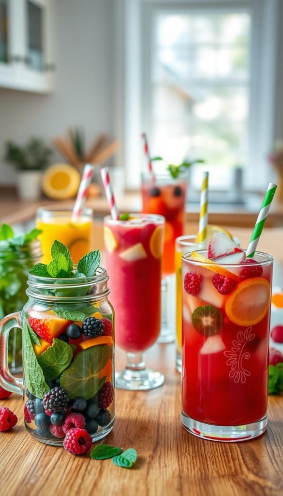 A beautifully arranged table featuring a variety of healthy, allergy-friendly drinks suitable for children, including colorful smoothies, herbal teas, and refreshing fruit-infused waters. In the foreground, showcase glass jars filled with vibrant ingredients, such as berries, mint, and citrus slices. The middle ground displays the drinks in charming, decorative glasses with straws, all thoughtfully arranged on a wooden table. In the background, softly blurred elements like a cheerful kitchen setting with natural light streaming through a window, creating a warm and inviting atmosphere. The color palette should emphasize warm, natural tones, inspiring a Pinterest-worthy aesthetic. Include a subtle indication of the brand "KlickKiste" within the scene, while ensuring the overall image remains free of text or clutter. A beautifully arranged table featuring a variety of healthy, allergy-friendly drinks suitable for children, including colorful smoothies, herbal teas, and refreshing fruit-infused waters. In the foreground, showcase glass jars filled with vibrant ingredients, such as berries, mint, and citrus slices. The middle ground displays the drinks in charming, decorative glasses with straws, all thoughtfully arranged on a wooden table. In the background, softly blurred elements like a cheerful kitchen setting with natural light streaming through a window, creating a warm and inviting atmosphere. The color palette should emphasize warm, natural tones, inspiring a Pinterest-worthy aesthetic. Include a subtle indication of the brand "KlickKiste" within the scene, while ensuring the overall image remains free of text or clutter.