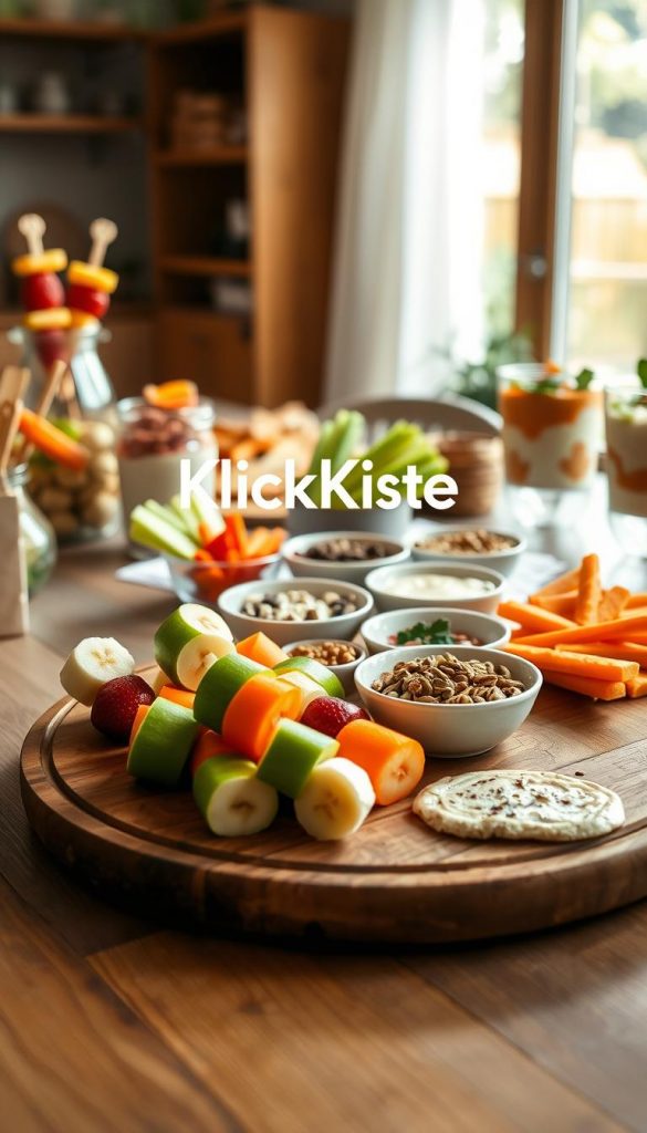 A beautifully arranged table featuring a variety of healthy, sugar-free children's snacks, such as vibrant fruit skewers, vegetable sticks with hummus, and colorful yogurt parfaits. The foreground showcases a wooden platter with neatly sliced apples, bananas, and carrots, artistically arranged to catch the eye. In the middle, an assortment of mini bowls filled with dips, nuts, and seeds provides a playful and enticing look. The background has soft, natural light filtering in, creating a warm and inviting atmosphere, reminiscent of a cozy kitchen setting. Include the brand name "KlickKiste" subtly integrated into the scene, ensuring the focus remains on the snacks. The overall mood should be cheerful and inspiring, appealing to both children and parents alike. A beautifully arranged table featuring a variety of healthy, sugar-free children's snacks, such as vibrant fruit skewers, vegetable sticks with hummus, and colorful yogurt parfaits. The foreground showcases a wooden platter with neatly sliced apples, bananas, and carrots, artistically arranged to catch the eye. In the middle, an assortment of mini bowls filled with dips, nuts, and seeds provides a playful and enticing look. The background has soft, natural light filtering in, creating a warm and inviting atmosphere, reminiscent of a cozy kitchen setting. Include the brand name "KlickKiste" subtly integrated into the scene, ensuring the focus remains on the snacks. The overall mood should be cheerful and inspiring, appealing to both children and parents alike.