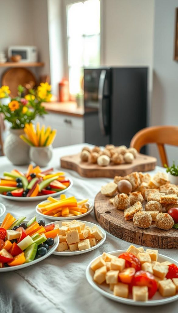 A beautifully arranged table featuring a variety of light afternoon snacks, ideal for families. In the foreground, vibrant plates of colorful fruit, crunchy vegetable sticks, and bite-sized cheese cubes are artfully presented. In the middle ground, a rustic wooden platter holds an assortment of homemade energy balls and mini sandwiches, all placed on a soft linen tablecloth. The background showcases a cozy kitchen setting, with warm, natural lighting streaming through a window, highlighting the snacks. The overall atmosphere is inviting and cheerful, evoking a sense of togetherness. The image has a Pinterest-inspired aesthetic, encapsulating the brand "KlickKiste" in a natural, authentic style. The composition is shot from a slightly elevated angle, capturing the delightful array of snacks.