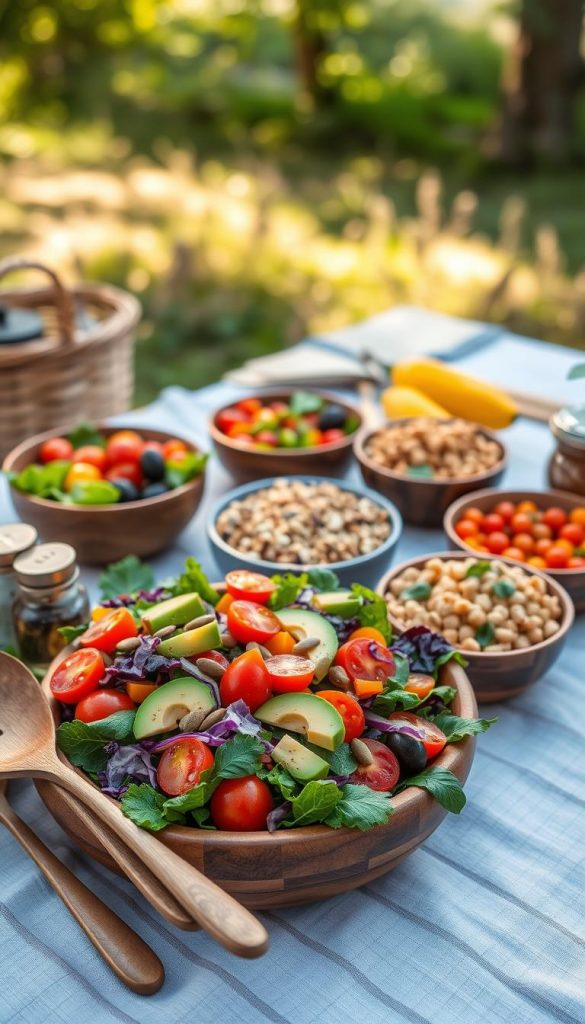 A beautifully arranged table featuring a vibrant "varianten salat" composed of fresh greens, colorful bell peppers, cherry tomatoes, purple cabbage, and avocado slices, topped with pumpkin seeds and a light balsamic vinaigrette. In the foreground, showcase a wooden serving bowl overflowing with the salad, with a pair of elegant serving utensils beside it. In the middle, place additional smaller bowls with variations of the salad, including a quinoa salad and a chickpea salad, highlighting healthy and allergen-friendly ingredients. In the background, softly blurred, rustic picnic setting with gentle sunlight filtering through leafy trees, creating a warm and inviting atmosphere. The colors are rich and natural, evoking a Pinterest-style aesthetic. Capture the essence of healthy living inspired by KlickKiste, inviting viewers to enjoy these delicious and healthy alternatives. A beautifully arranged table featuring a vibrant "varianten salat" composed of fresh greens, colorful bell peppers, cherry tomatoes, purple cabbage, and avocado slices, topped with pumpkin seeds and a light balsamic vinaigrette. In the foreground, showcase a wooden serving bowl overflowing with the salad, with a pair of elegant serving utensils beside it. In the middle, place additional smaller bowls with variations of the salad, including a quinoa salad and a chickpea salad, highlighting healthy and allergen-friendly ingredients. In the background, softly blurred, rustic picnic setting with gentle sunlight filtering through leafy trees, creating a warm and inviting atmosphere. The colors are rich and natural, evoking a Pinterest-style aesthetic. Capture the essence of healthy living inspired by KlickKiste, inviting viewers to enjoy these delicious and healthy alternatives.