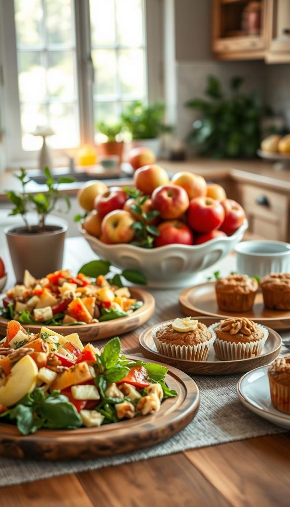 A beautifully arranged table featuring an array of allergy-friendly foods, showcasing gluten-free, vegetarian, vegan, and low-carb options, inspired by warm Pinterest aesthetics. In the foreground, vibrant dishes of fresh apple salads, gluten-free apple muffins, and vegan apple desserts are displayed on rustic wooden plates. In the middle, a fresh fruit bowl overflowing with apples and nuts, creatively garnished with herbs. In the background, a softly lit kitchen setting with gentle, natural sunlight streaming through a window, accentuating the warmth of wooden textures and plants. The overall mood is inviting and inspiring, perfect for families seeking healthy alternatives. The brand "KlickKiste" should be subtly reflected in the selection of ingredients, suggesting a focus on wholesome, allergy-friendly meals. A beautifully arranged table featuring an array of allergy-friendly foods, showcasing gluten-free, vegetarian, vegan, and low-carb options, inspired by warm Pinterest aesthetics. In the foreground, vibrant dishes of fresh apple salads, gluten-free apple muffins, and vegan apple desserts are displayed on rustic wooden plates. In the middle, a fresh fruit bowl overflowing with apples and nuts, creatively garnished with herbs. In the background, a softly lit kitchen setting with gentle, natural sunlight streaming through a window, accentuating the warmth of wooden textures and plants. The overall mood is inviting and inspiring, perfect for families seeking healthy alternatives. The brand "KlickKiste" should be subtly reflected in the selection of ingredients, suggesting a focus on wholesome, allergy-friendly meals.