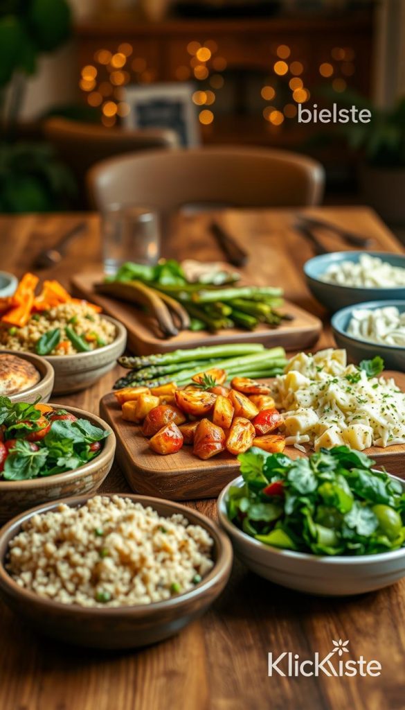 A beautifully arranged table featuring an array of colorful side dishes, or "beilagen," designed for family meal prep. In the foreground, showcase neatly portioned servings of roasted vegetables, fluffy quinoa, and vibrant salad greens in rustic bowls. The middle ground includes a wooden serving platter with grilled asparagus, garlic mashed potatoes, and a creamy coleslaw, accented by fresh herbs. In the background, softly blurred warm lighting creates a cozy atmosphere, enhancing the inviting scene. The setup reflects a Pinterest-inspired aesthetic, with natural textures and warm colors that exude authenticity. Include subtle branding for "KlickKiste" in the corner, ensuring it's seamlessly integrated into the overall composition without drawing focus. A beautifully arranged table featuring an array of colorful side dishes, or "beilagen," designed for family meal prep. In the foreground, showcase neatly portioned servings of roasted vegetables, fluffy quinoa, and vibrant salad greens in rustic bowls. The middle ground includes a wooden serving platter with grilled asparagus, garlic mashed potatoes, and a creamy coleslaw, accented by fresh herbs. In the background, softly blurred warm lighting creates a cozy atmosphere, enhancing the inviting scene. The setup reflects a Pinterest-inspired aesthetic, with natural textures and warm colors that exude authenticity. Include subtle branding for "KlickKiste" in the corner, ensuring it's seamlessly integrated into the overall composition without drawing focus.