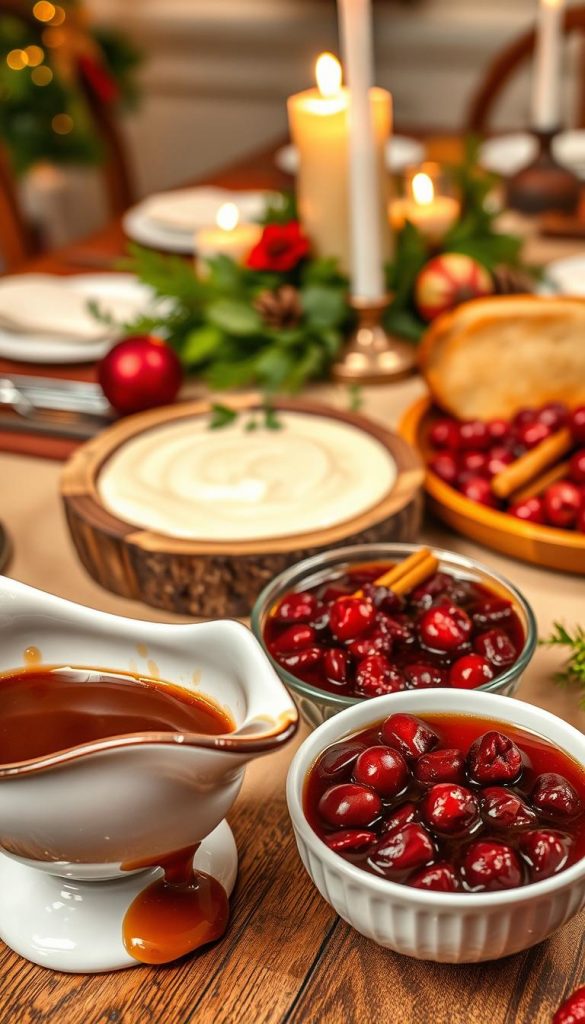 A beautifully arranged table featuring an array of rich, savory sauces designed to complement festive dishes. In the foreground, thick, glossy gravy pours from a delicate sauce boat, with hints of herbs and spices evident in its texture. Nearby, a vibrant cranberry sauce glistens in a small bowl, with pieces of fresh cranberries visible. In the middle ground, a rustic wooden platter displays a creamy white sauce, surrounded by sprigs of fresh parsley for garnish. The background features a warmly lit, elegantly set dining table adorned with holiday decorations, soft candlelight creating an inviting atmosphere. The overall color palette is warm and earthy, embodying a cozy, festive spirit. The image embodies the essence of KlickKiste, aiming for a natural look with a Pinterest-inspired aesthetic. A beautifully arranged table featuring an array of rich, savory sauces designed to complement festive dishes. In the foreground, thick, glossy gravy pours from a delicate sauce boat, with hints of herbs and spices evident in its texture. Nearby, a vibrant cranberry sauce glistens in a small bowl, with pieces of fresh cranberries visible. In the middle ground, a rustic wooden platter displays a creamy white sauce, surrounded by sprigs of fresh parsley for garnish. The background features a warmly lit, elegantly set dining table adorned with holiday decorations, soft candlelight creating an inviting atmosphere. The overall color palette is warm and earthy, embodying a cozy, festive spirit. The image embodies the essence of KlickKiste, aiming for a natural look with a Pinterest-inspired aesthetic.