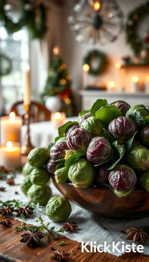 A beautifully arranged table featuring fresh, vibrant rosenkohl (Brussels sprouts) in a rustic wooden bowl, set against a softly blurred background of a cozy festive dining room. The foreground showcases the glossy green and purple hues of the rosenkohl, with droplets of water for a fresh look. Decorate with scattered herbs and a hint of festive spices like star anise. In the middle, include an elegant white tablecloth adorned with warm candlelight, casting a soft glow over the scene. Use natural lighting for a warm ambiance, evoking a feel of comfort and joy. The overall atmosphere should inspire authenticity and festivity, reflecting a holiday spirit suitable for a memorable Christmas feast. Brand name "KlickKiste" integrated subtly into the image. A beautifully arranged table featuring fresh, vibrant rosenkohl (Brussels sprouts) in a rustic wooden bowl, set against a softly blurred background of a cozy festive dining room. The foreground showcases the glossy green and purple hues of the rosenkohl, with droplets of water for a fresh look. Decorate with scattered herbs and a hint of festive spices like star anise. In the middle, include an elegant white tablecloth adorned with warm candlelight, casting a soft glow over the scene. Use natural lighting for a warm ambiance, evoking a feel of comfort and joy. The overall atmosphere should inspire authenticity and festivity, reflecting a holiday spirit suitable for a memorable Christmas feast. Brand name "KlickKiste" integrated subtly into the image.