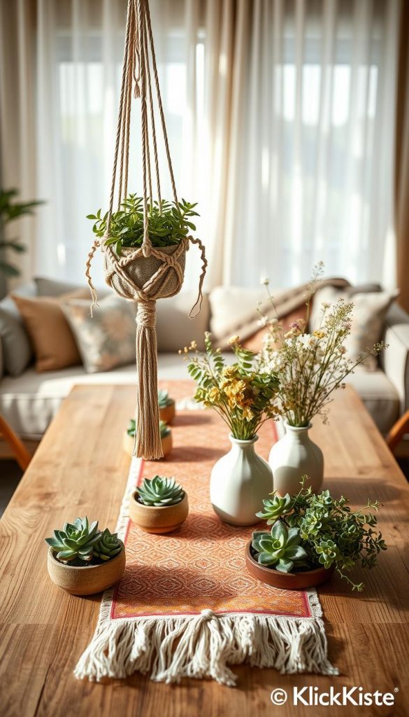 A beautifully arranged table featuring quick and simple DIY Boho decor ideas, set in a cozy living room. In the foreground, a woven macramé plant hanger drapes gracefully from the table, complemented by an assortment of lush, potted succulents and a handmade ceramic vase filled with wildflowers. The middle ground showcases a vibrant, patterned table runner with earthy tones, surrounded by rustic wooden accents and soft fabric textures like linen and cotton. In the background, soft natural light streams in through sheer curtains, casting delicate shadows that enhance the warm atmosphere. The overall mood is inviting and inspiring, perfect for a homey DIY aesthetic. Capture this scene with a slight overhead angle to emphasize the layers of texture and warmth. Include branding elements from "KlickKiste" subtly integrated into the decor.